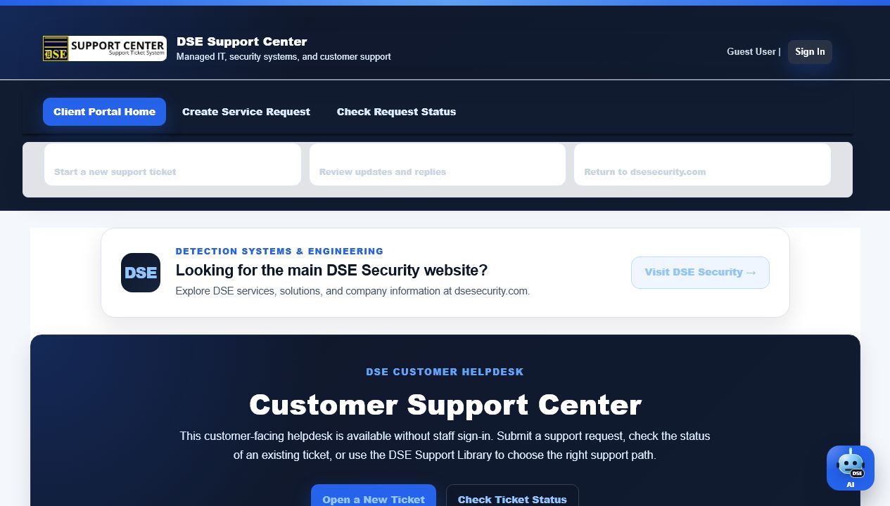 DSE client portal home page screenshot.