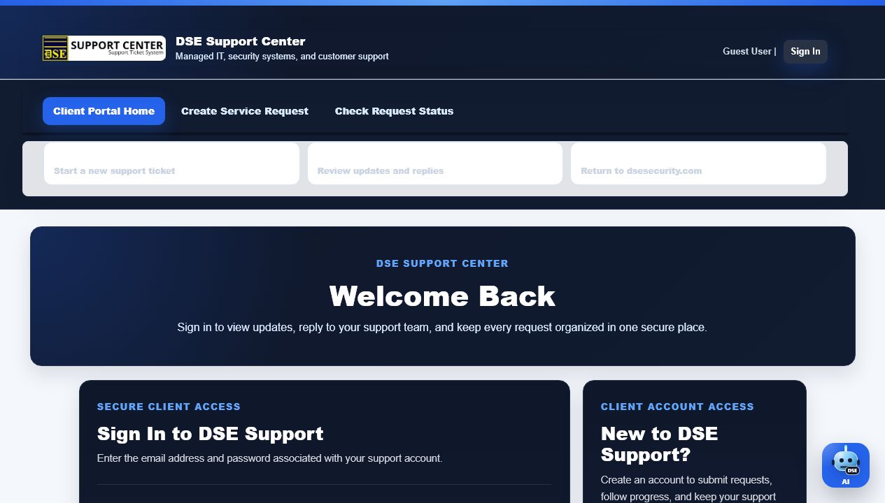 DSE client sign-in page screenshot.