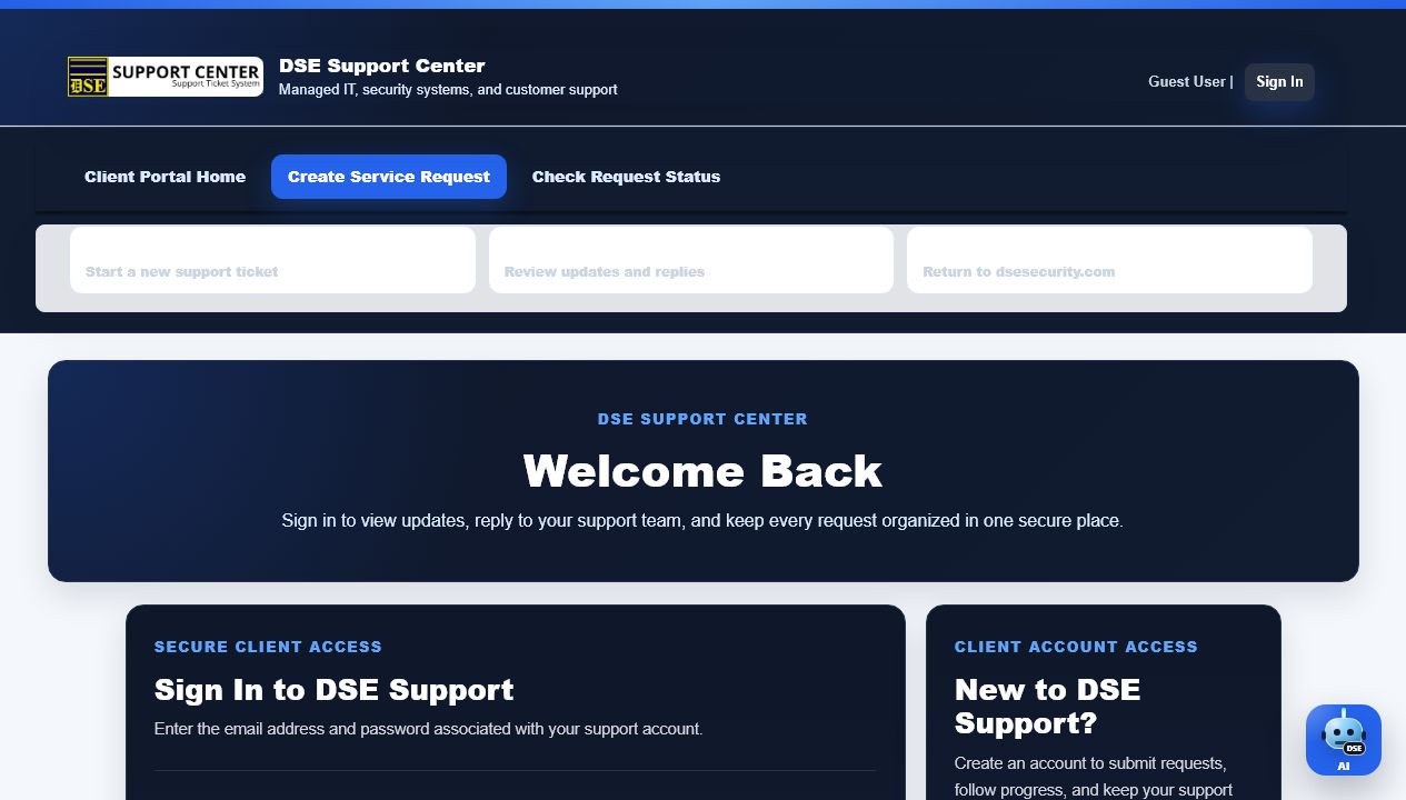 DSE open ticket page screenshot.