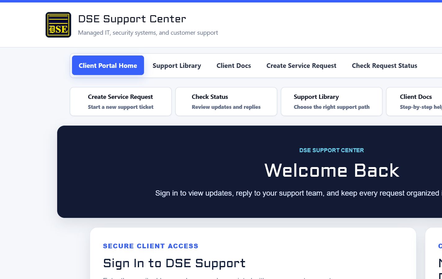 DSE client sign-in page.