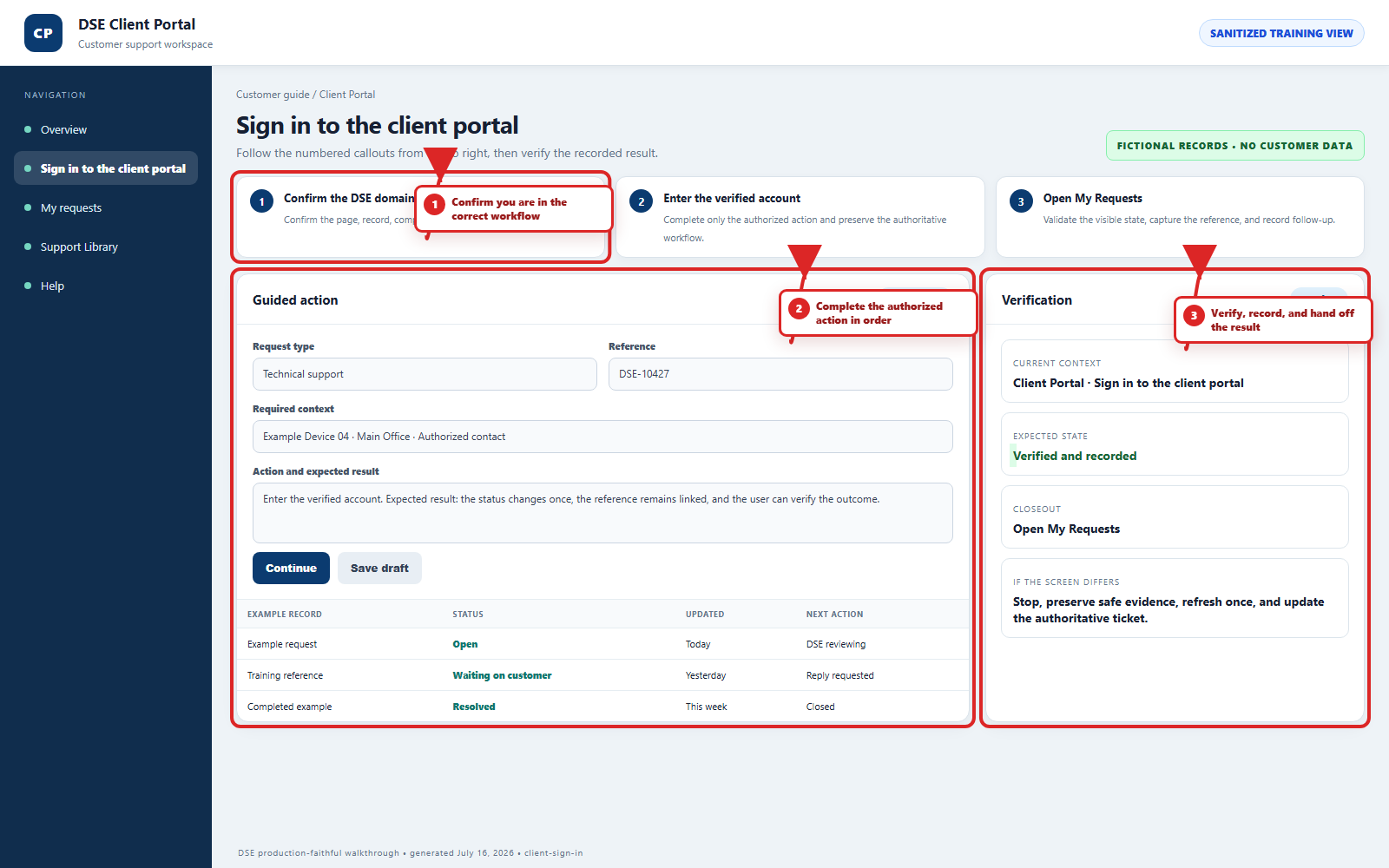 Annotated DSE walkthrough for Client Sign In with three numbered red callouts, boxes, and arrows.