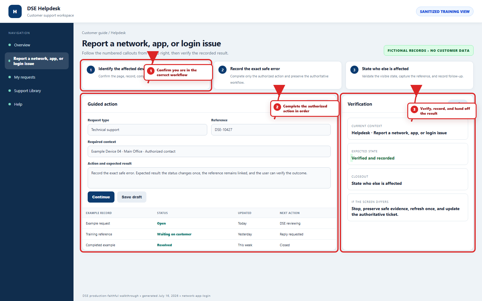 Annotated DSE walkthrough for Network, Workstation, Application, and Login Checklist with three numbered red callouts, boxes, and arrows.